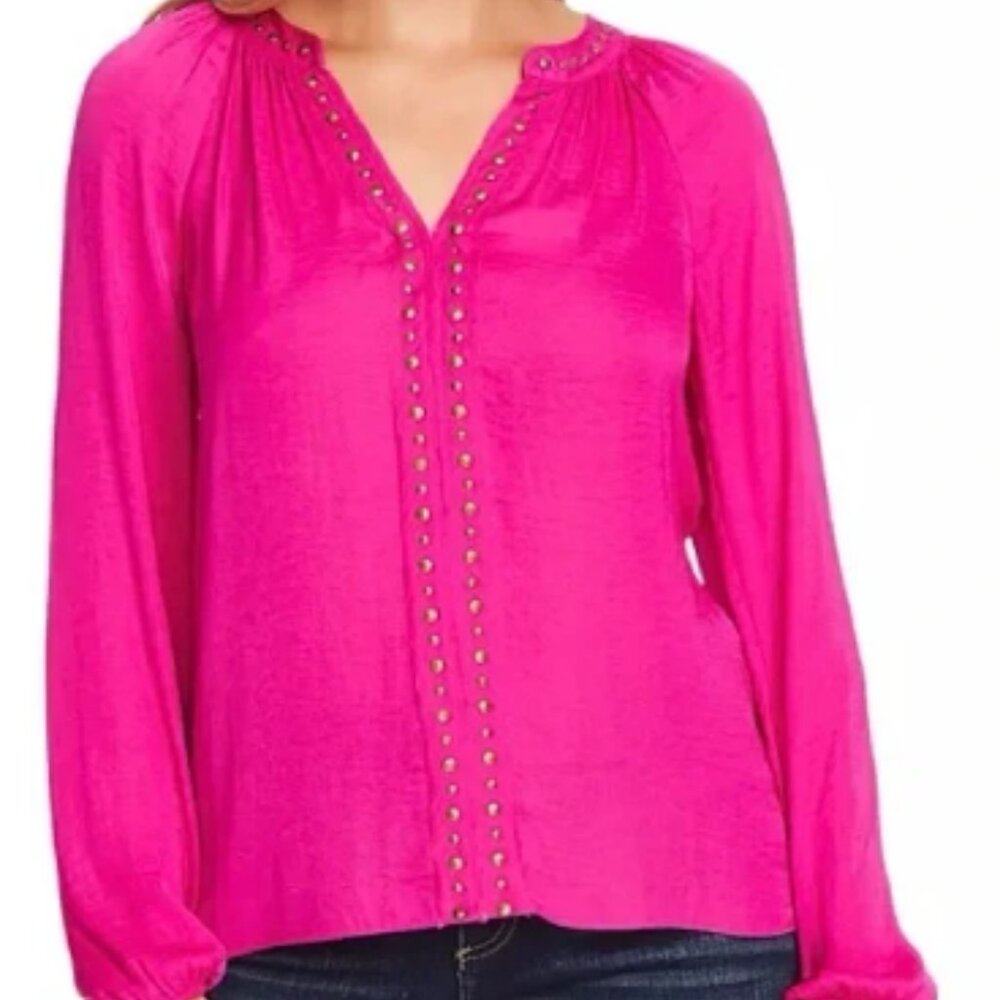 Pink Satin Studded Vince Camuto Rumpled V Neck Long Sleeve Blouse Size XL